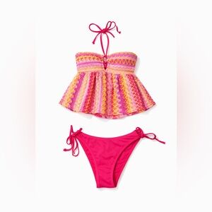 Samiol Pink tankini - Bikini Set Size S Crochet Boho Top Tie Side